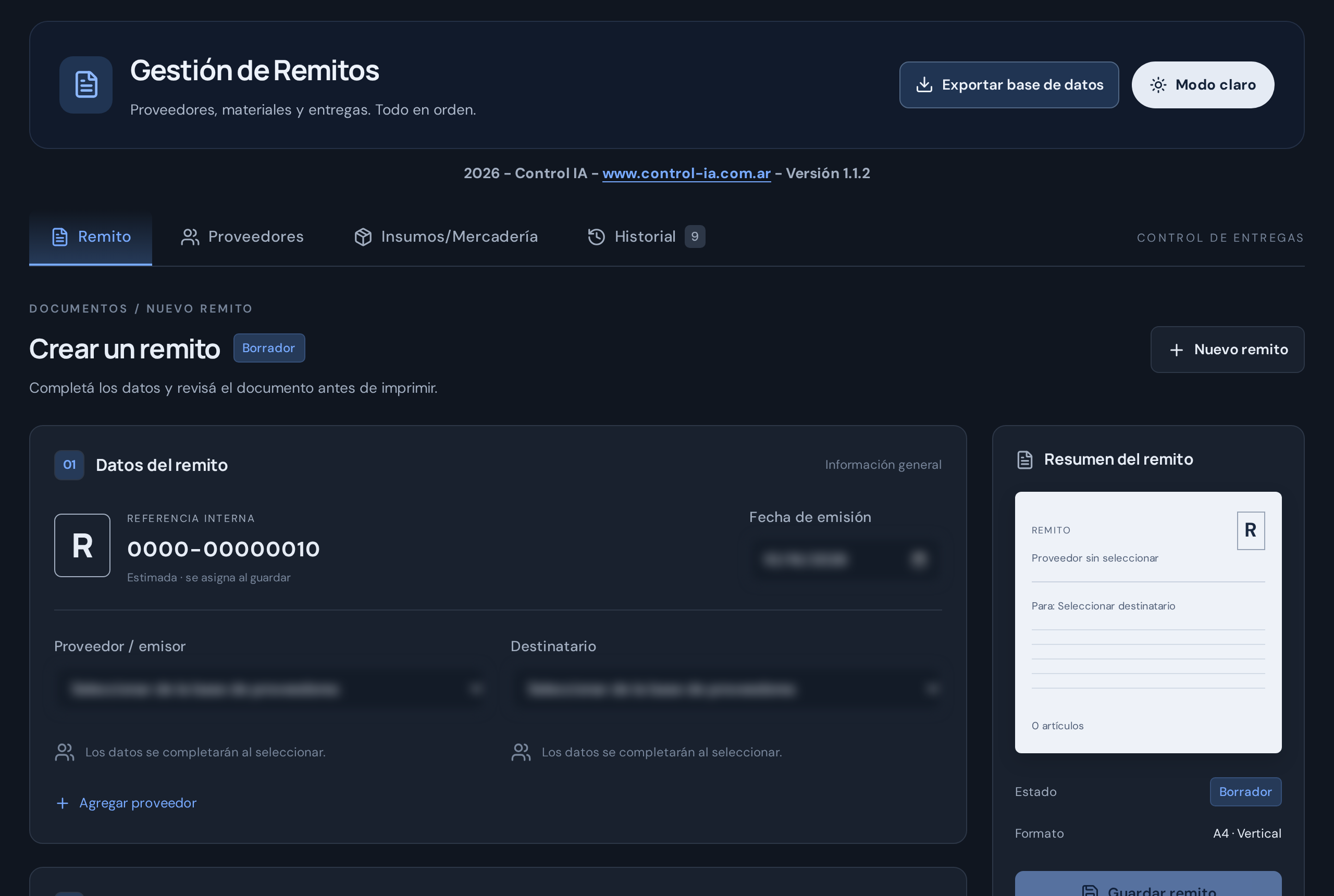 Captura de la aplicación Remitos internos